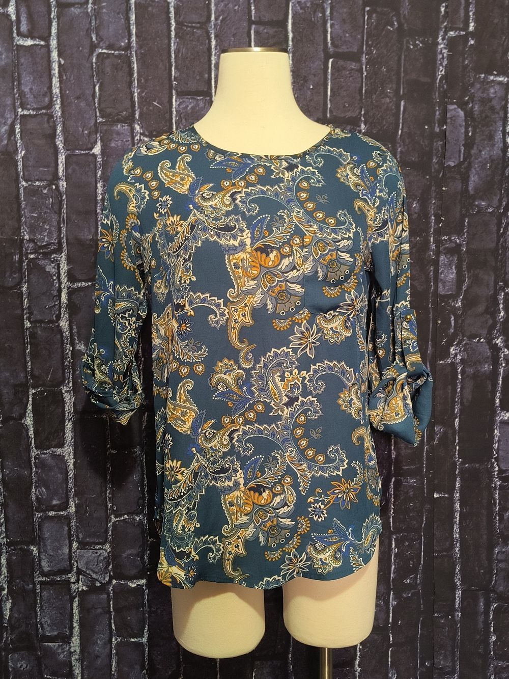 Lily White Teal Paisley Button-Tab Sleeve Blouse Size S New!